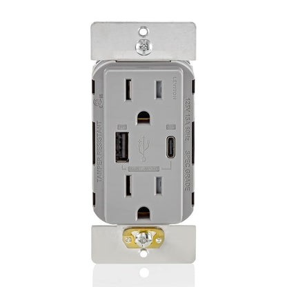 Leviton T5633-W Type A & Type-C USB In-Wall Charger with 15A Tamper-Resistant Outlet, USB Charger for Smartphones and Tablets, Not for Laptops, White