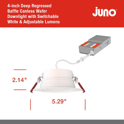 Juno WF6 Dreg SM ALO20 SWW5 90CRI CP6 MW M2 Canless Wafer Recessed LED Downlight, Deep Regressed Smooth Trim Style, 6-Inch, Matte White, 6-Pack
