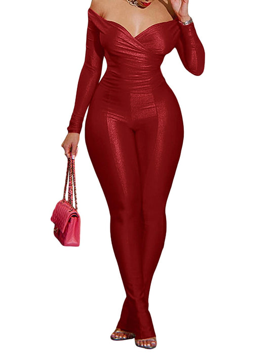 acelyn 2 Piece Outfits for Women Sexy Off Shoulder Tops Bodycon Flared Pant Sets Club Outfits Tracksuit