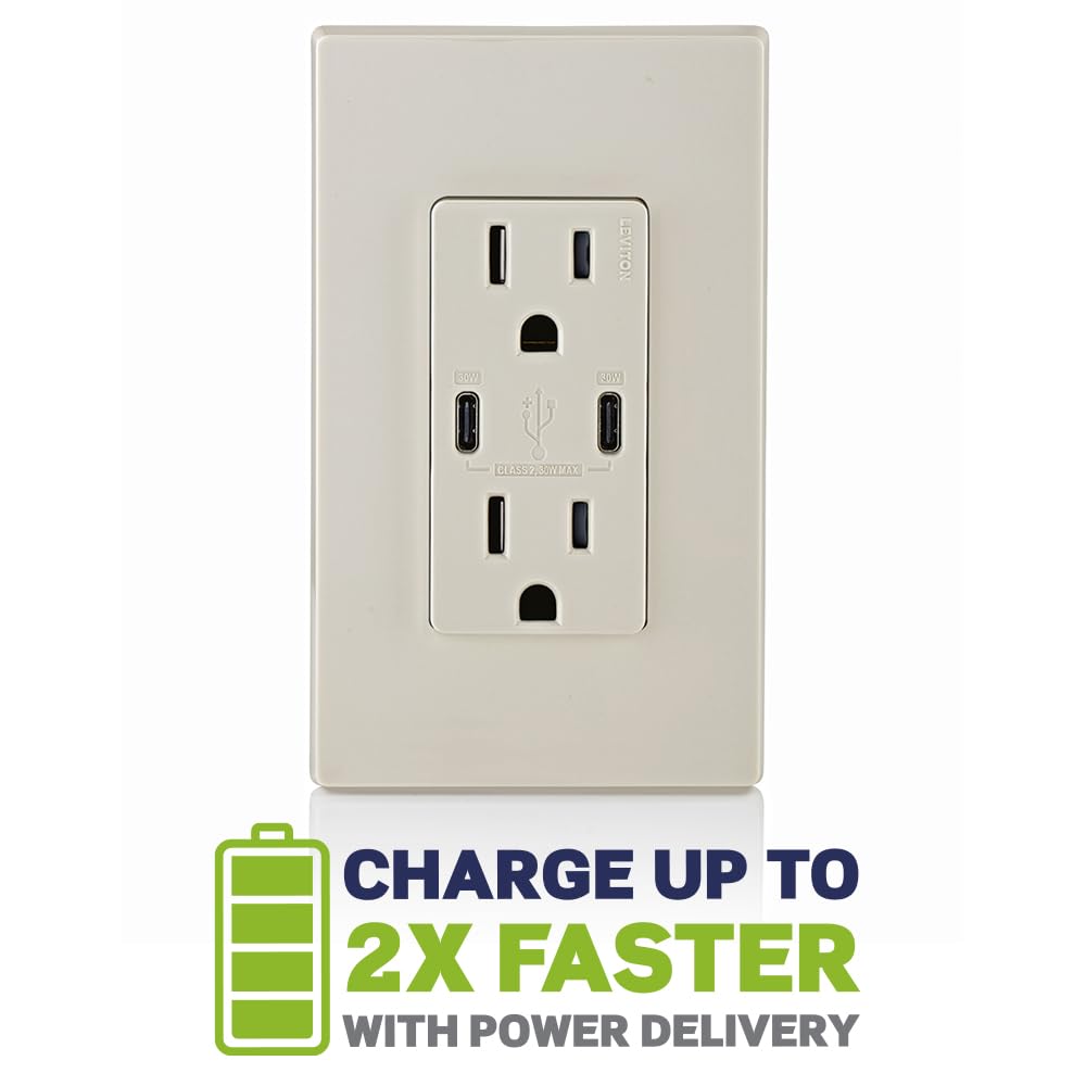 Leviton T5633-W Type A & Type-C USB In-Wall Charger with 15A Tamper-Resistant Outlet, USB Charger for Smartphones and Tablets, Not for Laptops, White