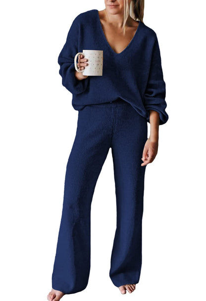 Viottiset Women's 2 Piece Outfits Casual V Neck Knit Wide Leg Sweater Lounge Set Sweatsuit