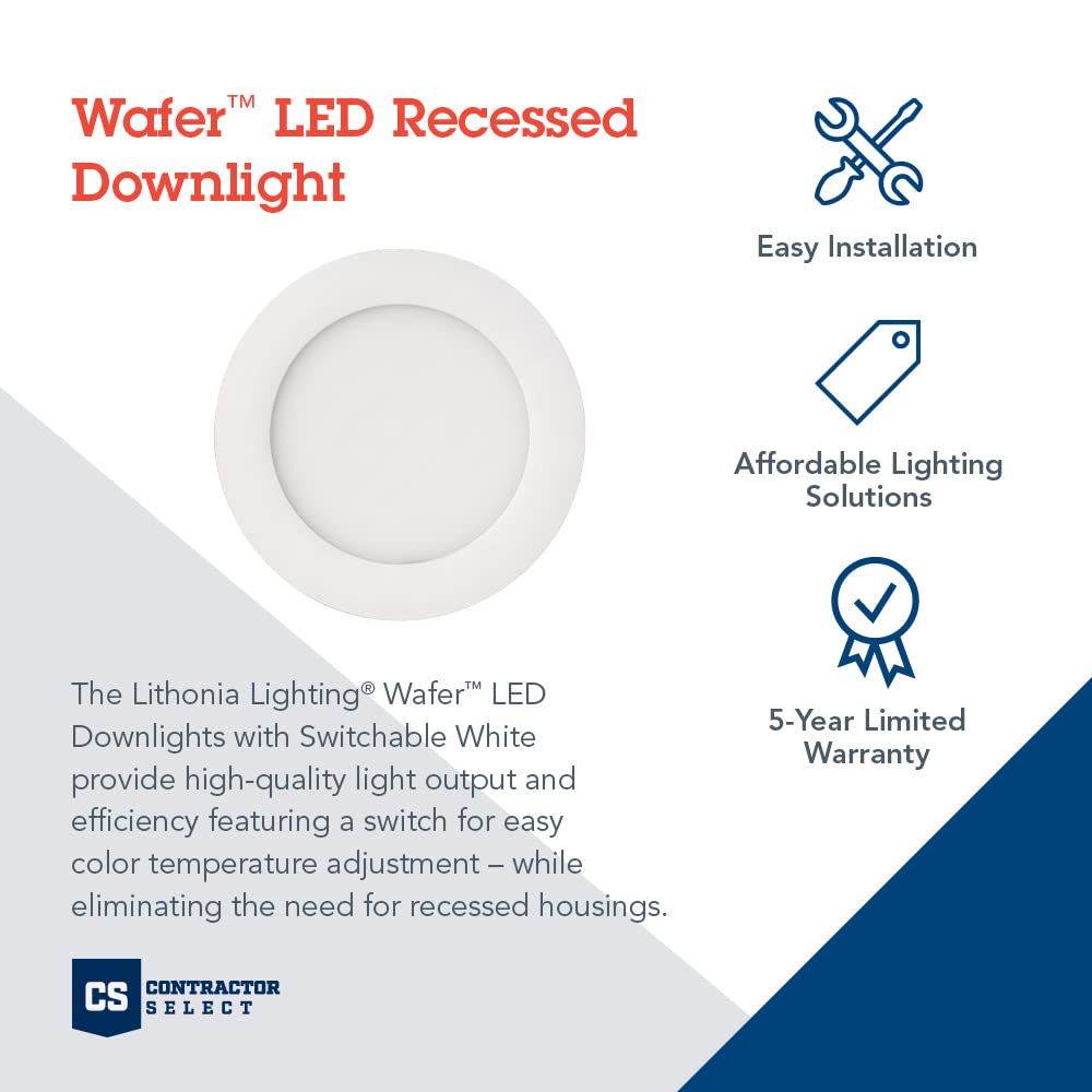Lithonia Lighting WF4 LED 27K30K35K 90CRI MB M6 Recessed Wafer Downlight with Ultra Thin Round Trim, Color Temperature Selectable, 2700K | 3000K | 3500K, 4-Inch, Matte Black
