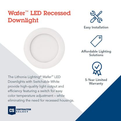 Lithonia Lighting WF4 LED 27K30K35K 90CRI MB M6 Recessed Wafer Downlight with Ultra Thin Round Trim, Color Temperature Selectable, 2700K | 3000K | 3500K, 4-Inch, Matte Black