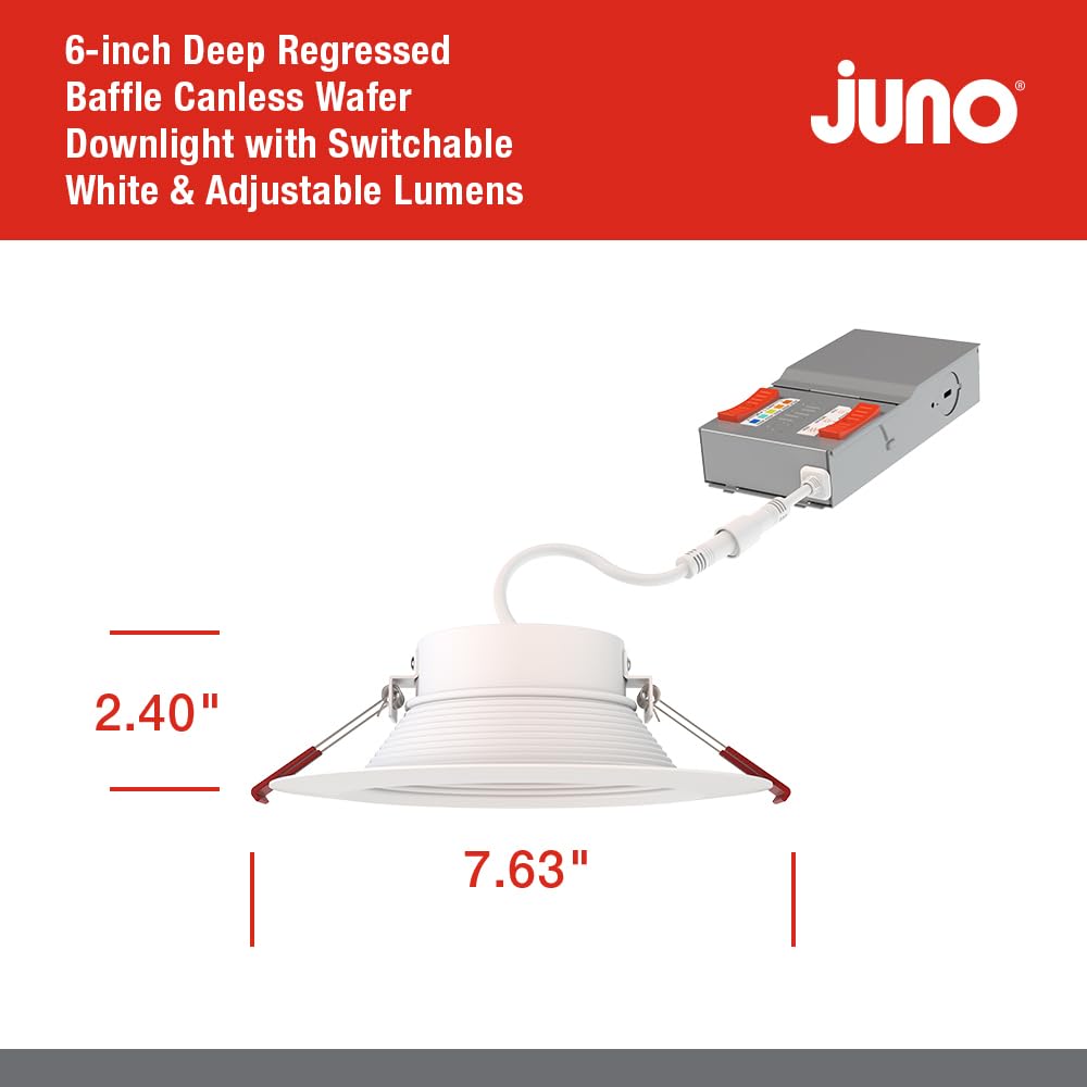 Juno WF6 Dreg SM ALO20 SWW5 90CRI CP6 MW M2 Canless Wafer Recessed LED Downlight, Deep Regressed Smooth Trim Style, 6-Inch, Matte White, 6-Pack