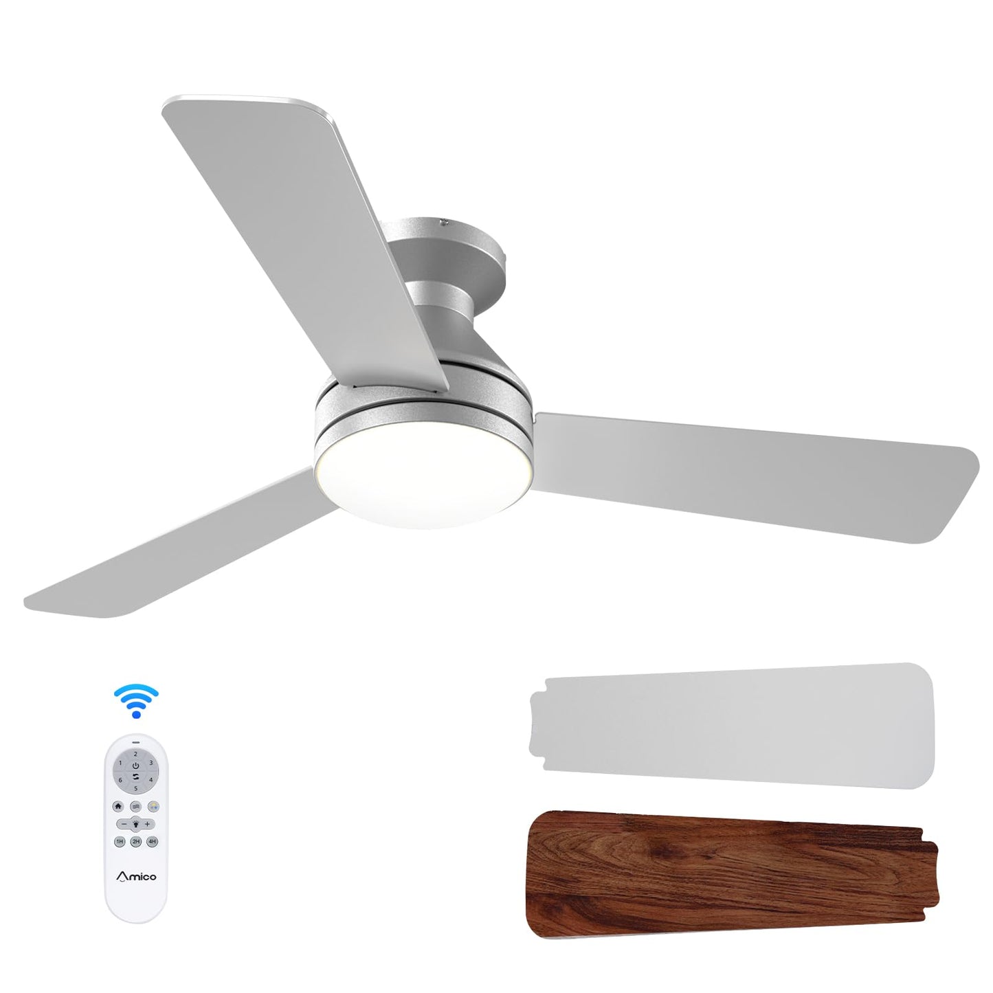 Amico Ceiling Fans with Lights, 42 inch Low Profile Ceiling Fan with Light and Remote Control, Flush Mount, Reversible, 3CCT, Dimmable, Noiseless, White Ceiling Fan for Bedroom, Indoor/Outdoor Use
