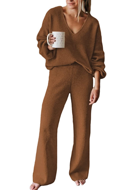 Viottiset Women's 2 Piece Outfits Casual V Neck Knit Wide Leg Sweater Lounge Set Sweatsuit