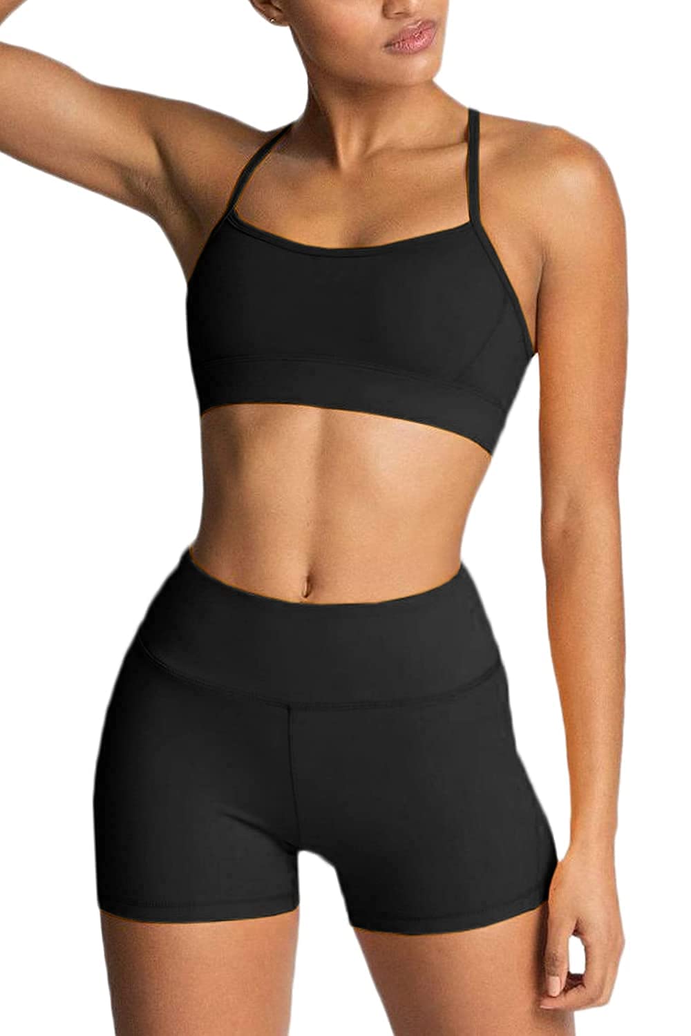 IWEMEK Women's Workout Sets 2 Piece Yoga Outfits High Waisted Biker Shorts and Cross Back Sports Bra Gym Set