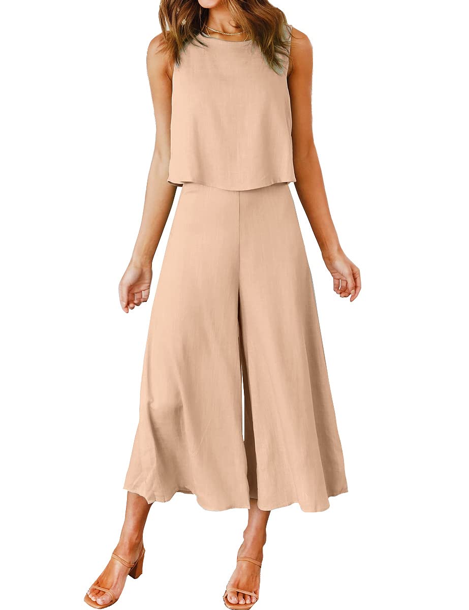 ROYLAMP Women's Summer 2 Piece Outfits Round Neck Crop Basic Top Cropped Wide Leg Pants Set Jumpsuits