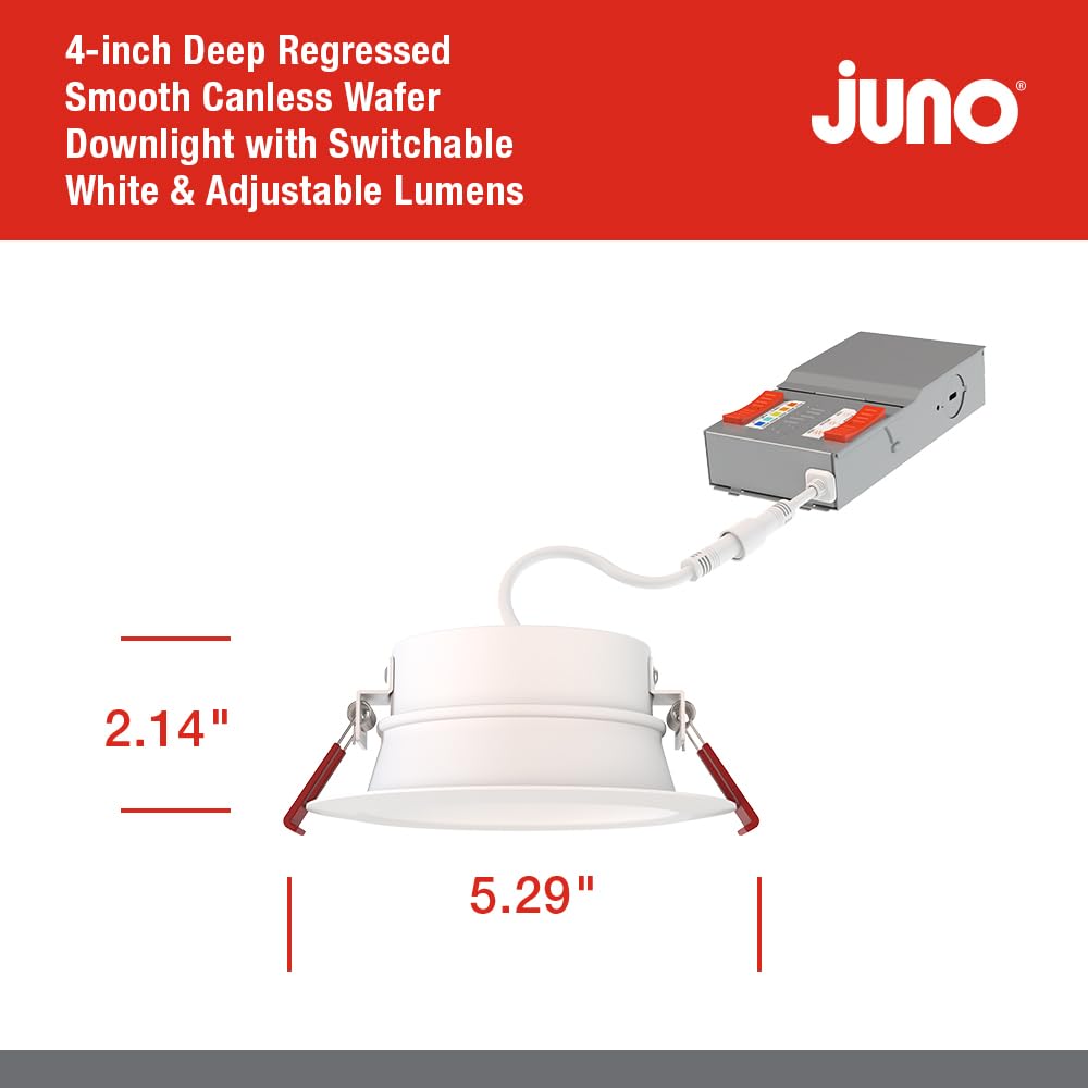 Juno WF6 Dreg SM ALO20 SWW5 90CRI CP6 MW M2 Canless Wafer Recessed LED Downlight, Deep Regressed Smooth Trim Style, 6-Inch, Matte White, 6-Pack