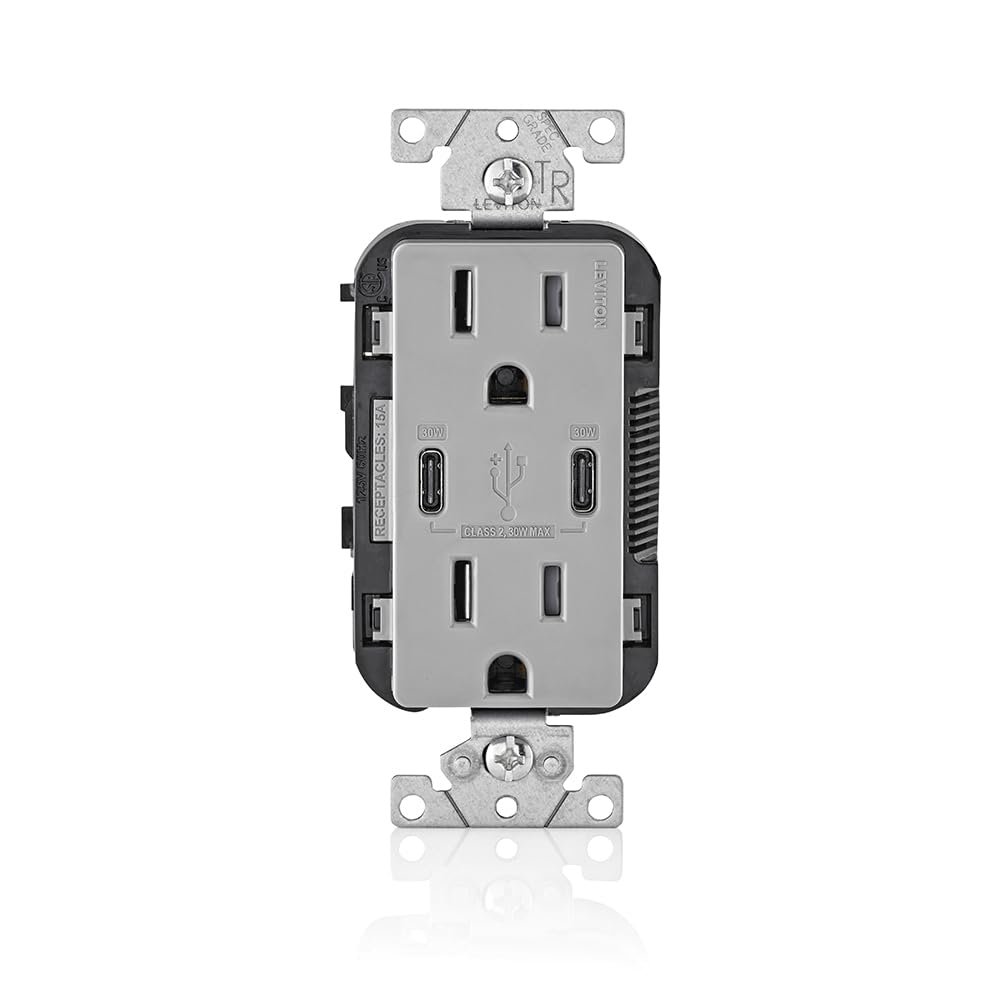 Leviton T5633-W Type A & Type-C USB In-Wall Charger with 15A Tamper-Resistant Outlet, USB Charger for Smartphones and Tablets, Not for Laptops, White