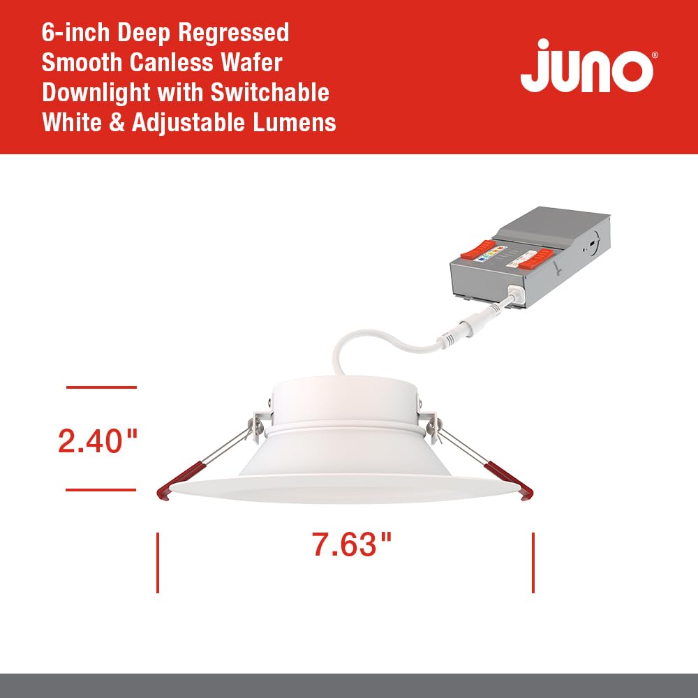 Juno WF6 Dreg SM ALO20 SWW5 90CRI CP6 MW M2 Canless Wafer Recessed LED Downlight, Deep Regressed Smooth Trim Style, 6-Inch, Matte White, 6-Pack