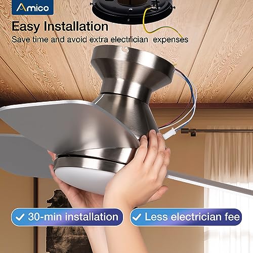 Amico Ceiling Fans with Lights, 42 inch Low Profile Ceiling Fan with Light and Remote Control, Flush Mount, Reversible, 3CCT, Dimmable, Noiseless, White Ceiling Fan for Bedroom, Indoor/Outdoor Use