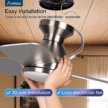 Amico Ceiling Fans with Lights, 42 inch Low Profile Ceiling Fan with Light and Remote Control, Flush Mount, Reversible, 3CCT, Dimmable, Noiseless, White Ceiling Fan for Bedroom, Indoor/Outdoor Use