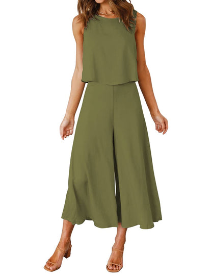 ROYLAMP Women's Summer 2 Piece Outfits Round Neck Crop Basic Top Cropped Wide Leg Pants Set Jumpsuits