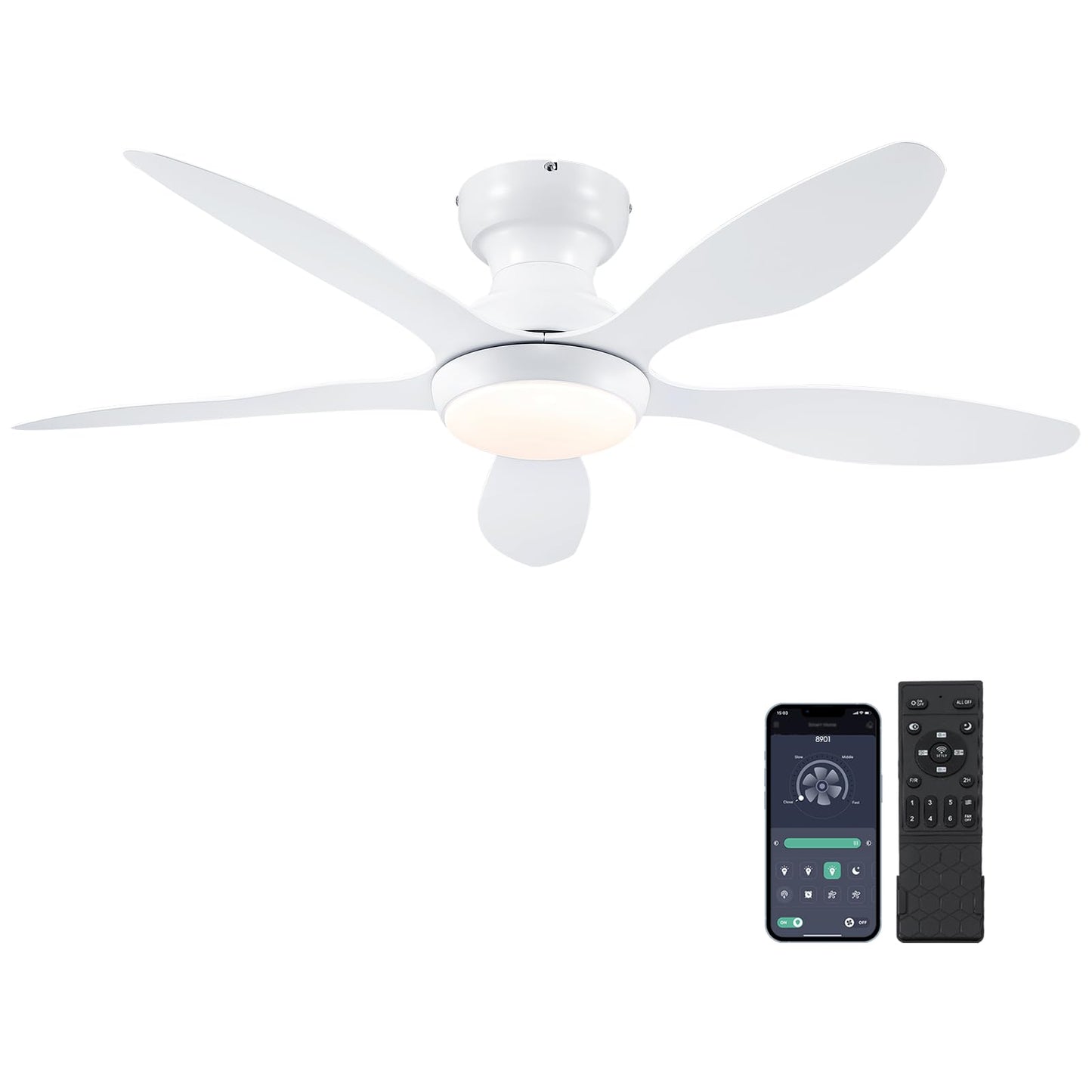 Ceiling Fans with Lights, 51 inch Modern Black Low Profile Ceiling Fan with Light and Remote App Control, Flush Mount, Quiet DC Reversible, Dim Led Ceiling Fan 6 Blade Softer Wind Indoor/Outdoor Patio