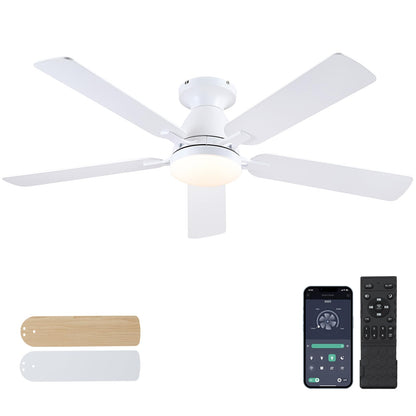 Ceiling Fans with Lights- 52" Low Profile Indoor Ceiling Fan with Light and Remote/APP Control, Flush Mount, LED Dimmable DC Reversible Modern Ceiling Fan for Bedroom（Black）