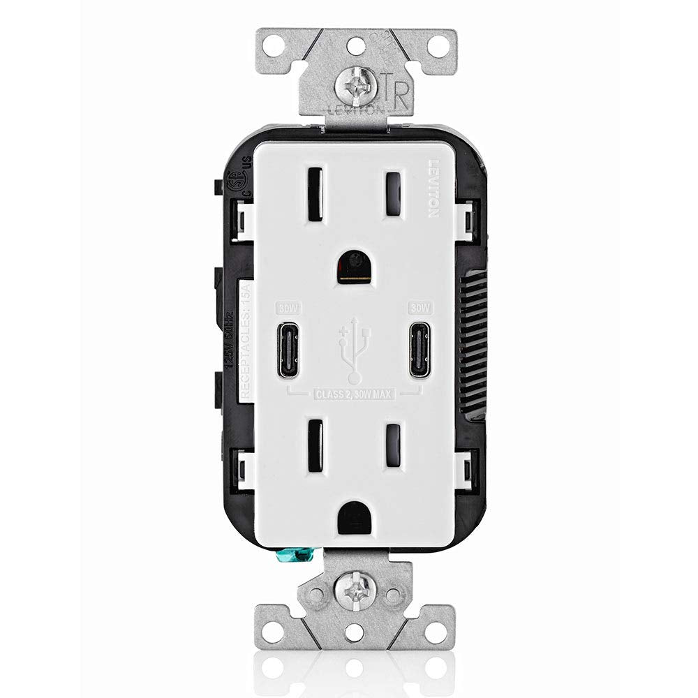 Leviton T5633-W Type A & Type-C USB In-Wall Charger with 15A Tamper-Resistant Outlet, USB Charger for Smartphones and Tablets, Not for Laptops, White