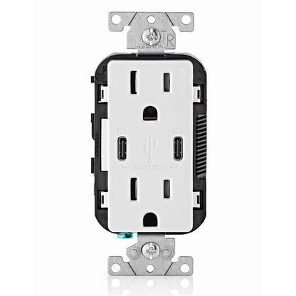 Leviton T5633-W Type A & Type-C USB In-Wall Charger with 15A Tamper-Resistant Outlet, USB Charger for Smartphones and Tablets, Not for Laptops, White