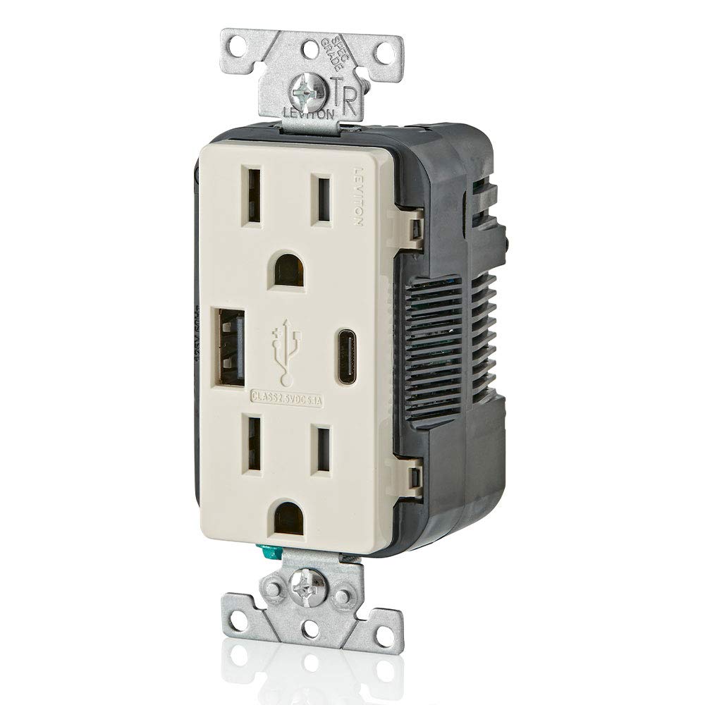 Leviton T5633-W Type A & Type-C USB In-Wall Charger with 15A Tamper-Resistant Outlet, USB Charger for Smartphones and Tablets, Not for Laptops, White