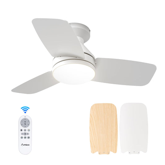 Amico Ceiling Fans with Lights, 42 inch Low Profile Ceiling Fan with Light and Remote Control, Flush Mount, Reversible, 3CCT, Dimmable, Noiseless, White Ceiling Fan for Bedroom, Indoor/Outdoor Use