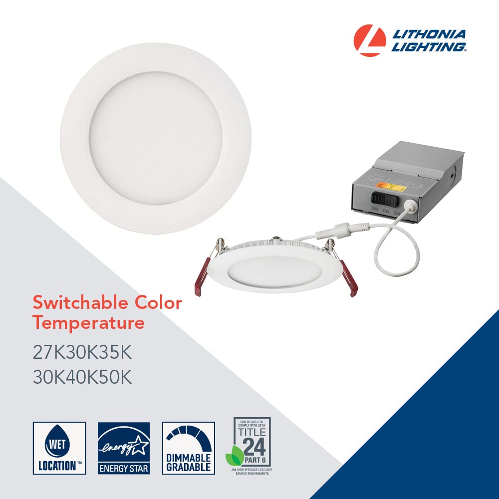Lithonia Lighting WF4 LED 27K30K35K 90CRI MB M6 Recessed Wafer Downlight with Ultra Thin Round Trim, Color Temperature Selectable, 2700K | 3000K | 3500K, 4-Inch, Matte Black