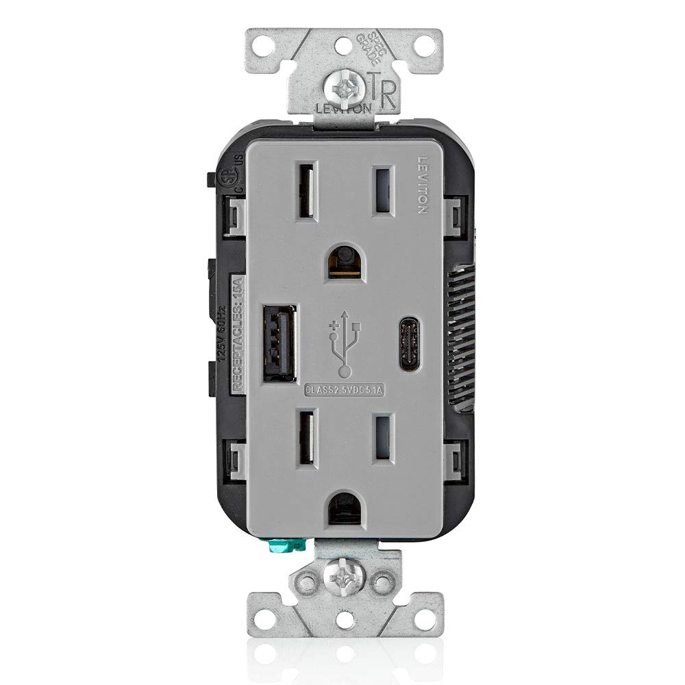 Leviton T5633-W Type A & Type-C USB In-Wall Charger with 15A Tamper-Resistant Outlet, USB Charger for Smartphones and Tablets, Not for Laptops, White