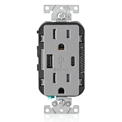 Leviton T5633-W Type A & Type-C USB In-Wall Charger with 15A Tamper-Resistant Outlet, USB Charger for Smartphones and Tablets, Not for Laptops, White
