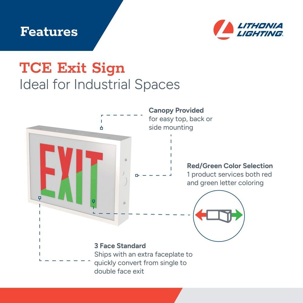 Lithonia Lighting TCE RG EL M4 Steel Exit Sign with Red/Green Switching, Ni-MH Battery Backup