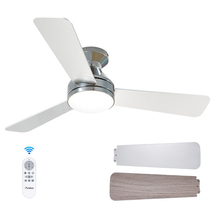 Amico Ceiling Fans with Lights, 42 inch Low Profile Ceiling Fan with Light and Remote Control, Flush Mount, Reversible, 3CCT, Dimmable, Noiseless, White Ceiling Fan for Bedroom, Indoor/Outdoor Use