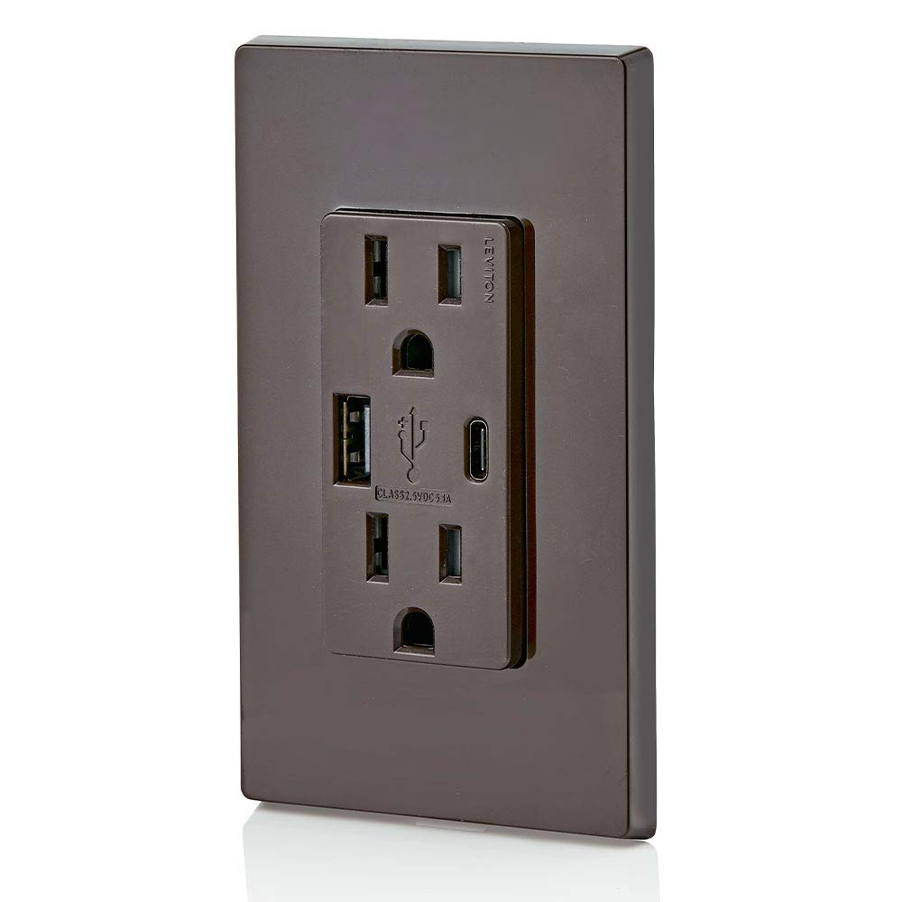 Leviton T5633-W Type A & Type-C USB In-Wall Charger with 15A Tamper-Resistant Outlet, USB Charger for Smartphones and Tablets, Not for Laptops, White