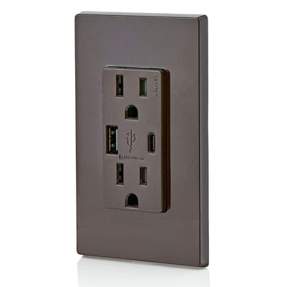 Leviton T5633-W Type A & Type-C USB In-Wall Charger with 15A Tamper-Resistant Outlet, USB Charger for Smartphones and Tablets, Not for Laptops, White