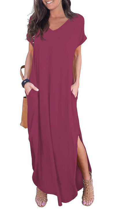 GRECERELLE Women's Casual Loose Pocket Long Dress Short Sleeve Split Maxi Dresses