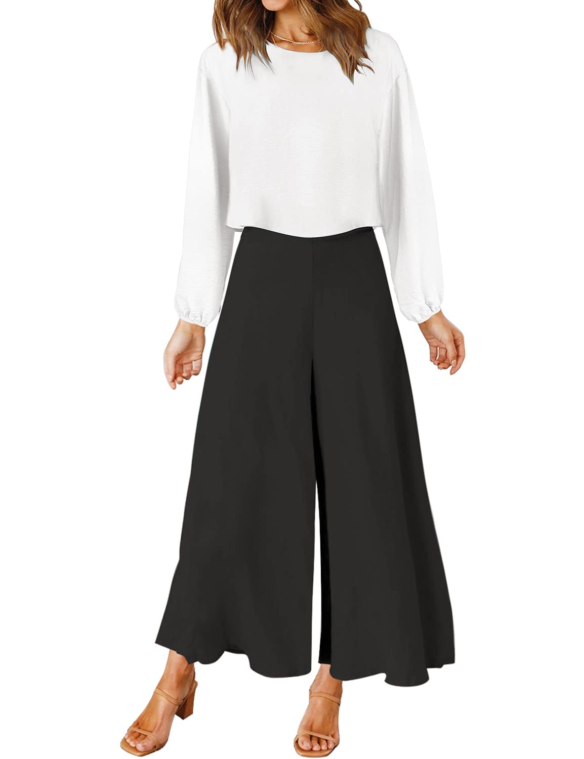 ROYLAMP Women's Summer 2 Piece Outfits Round Neck Crop Basic Top Cropped Wide Leg Pants Set Jumpsuits