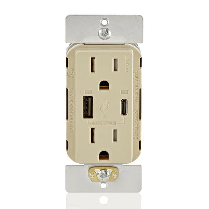Leviton T5633-W Type A & Type-C USB In-Wall Charger with 15A Tamper-Resistant Outlet, USB Charger for Smartphones and Tablets, Not for Laptops, White