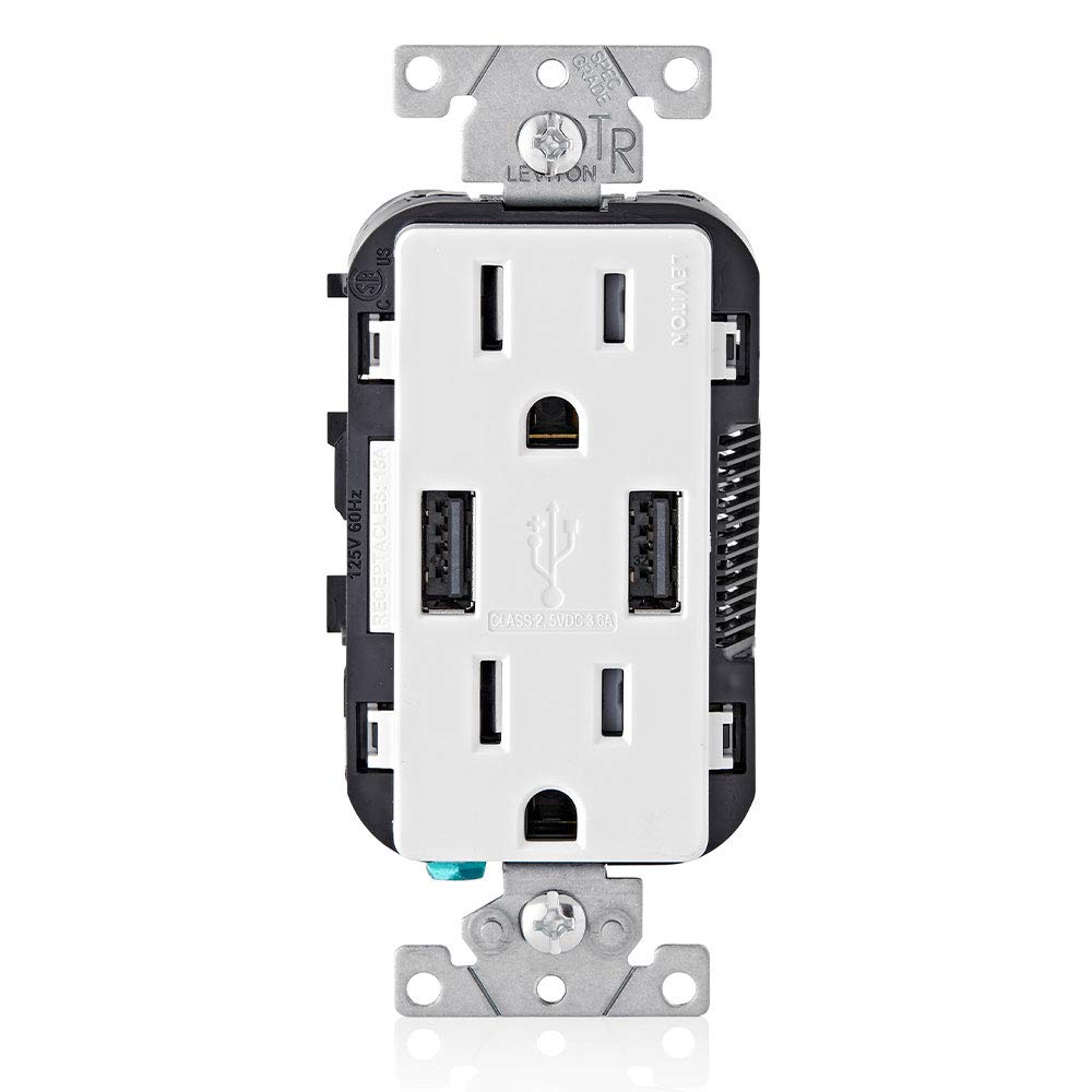 Leviton T5633-W Type A & Type-C USB In-Wall Charger with 15A Tamper-Resistant Outlet, USB Charger for Smartphones and Tablets, Not for Laptops, White