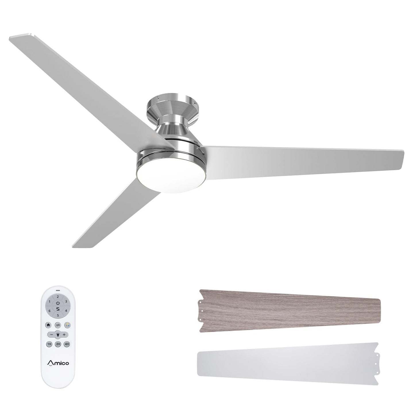 Amico Ceiling Fans with Lights, 42 inch Low Profile Ceiling Fan with Light and Remote Control, Flush Mount, Reversible, 3CCT, Dimmable, Noiseless, White Ceiling Fan for Bedroom, Indoor/Outdoor Use