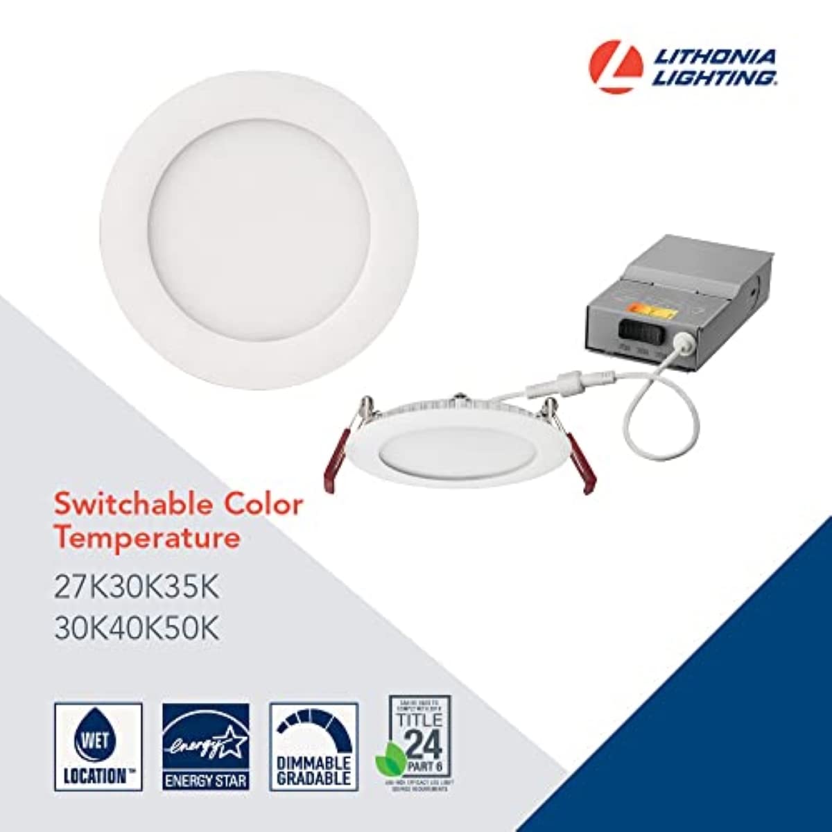 Lithonia Lighting WF4 LED 27K30K35K 90CRI MB M6 Recessed Wafer Downlight with Ultra Thin Round Trim, Color Temperature Selectable, 2700K | 3000K | 3500K, 4-Inch, Matte Black