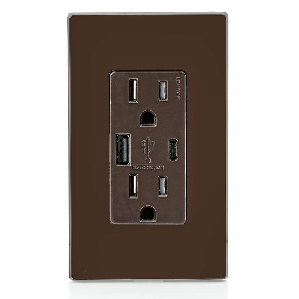 Leviton T5633-W Type A & Type-C USB In-Wall Charger with 15A Tamper-Resistant Outlet, USB Charger for Smartphones and Tablets, Not for Laptops, White