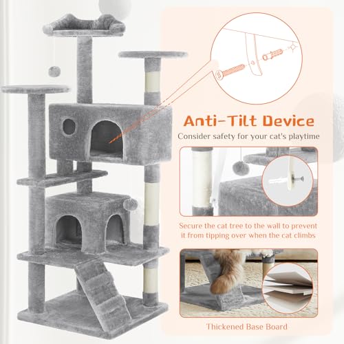 Sweetcrispy 54-Inch Cat Tree Tower – Multi-Level with Sisal Scratching Post, Perfect Pet Gift, Indoor Condo with Climbing Ladder, Plush Toy, and More Animal Stuff, Light Grey