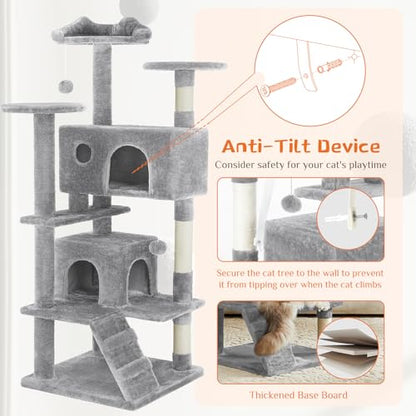 Sweetcrispy 54-Inch Cat Tree Tower – Multi-Level with Sisal Scratching Post, Perfect Pet Gift, Indoor Condo with Climbing Ladder, Plush Toy, and More Animal Stuff, Light Grey