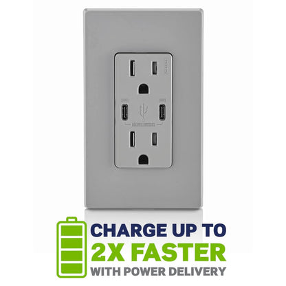 Leviton T5633-W Type A & Type-C USB In-Wall Charger with 15A Tamper-Resistant Outlet, USB Charger for Smartphones and Tablets, Not for Laptops, White