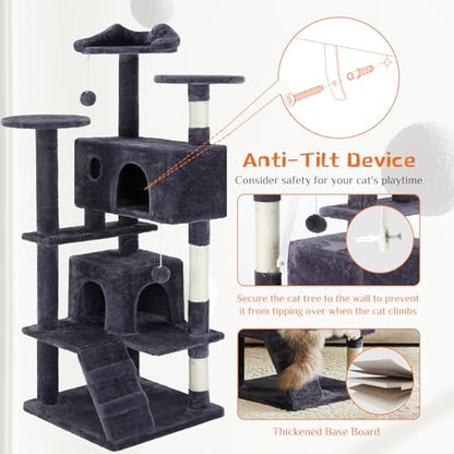 Sweetcrispy 54-Inch Cat Tree Tower – Multi-Level with Sisal Scratching Post, Perfect Pet Gift, Indoor Condo with Climbing Ladder, Plush Toy, and More Animal Stuff, Light Grey