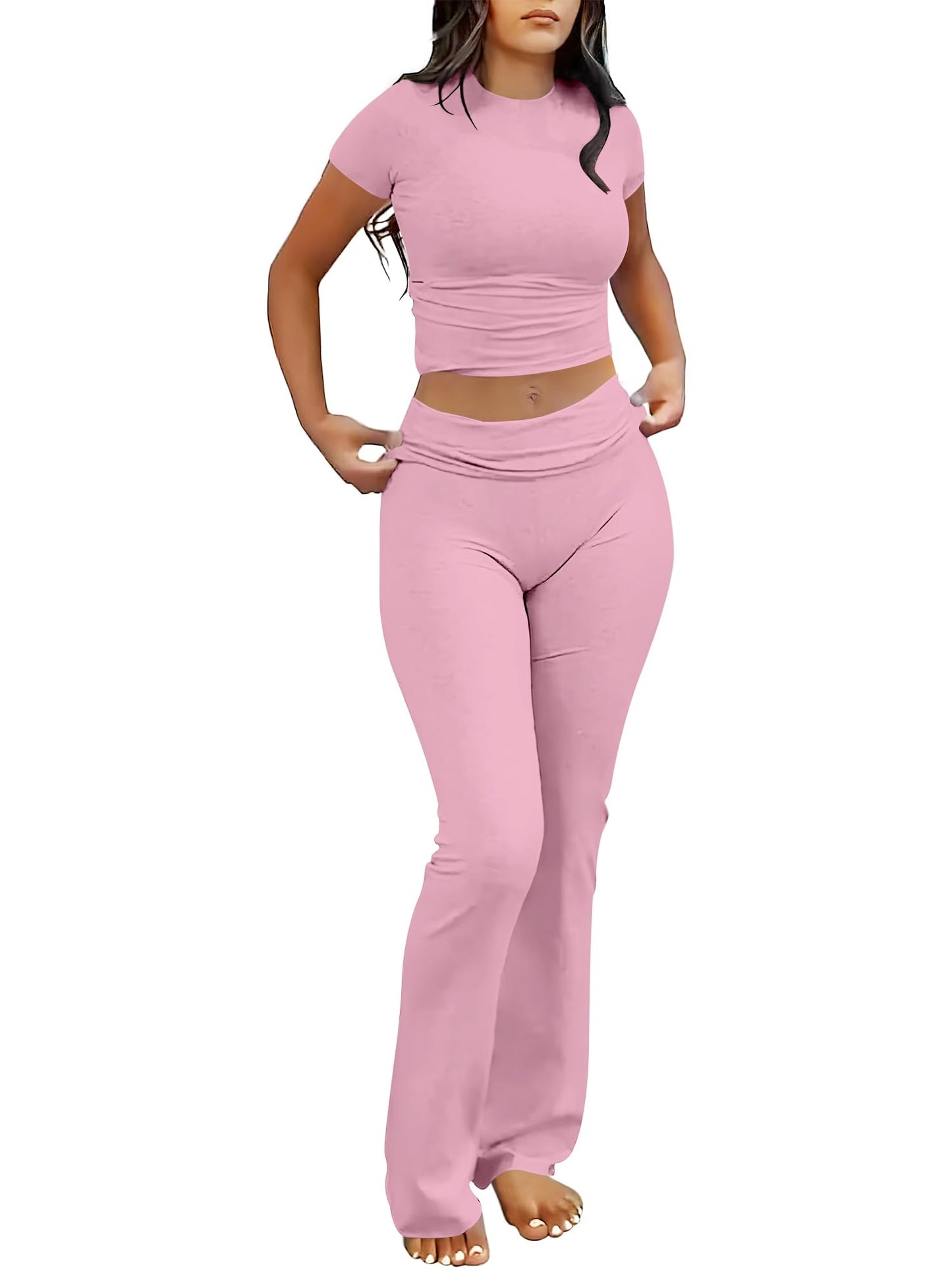 ANRABESS Lounge Sets for Women 2 piece Foldover Yoga Flare Leggings Pants Crop Tops Casual Y2K Outfits Matching Tracksuit Set
