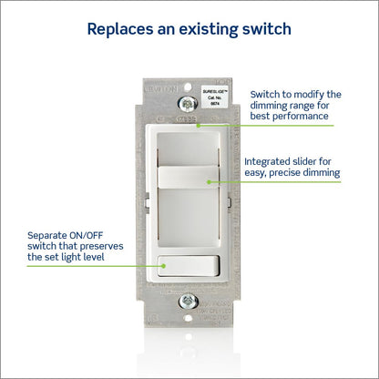 Leviton SureSlide Dimmer Switch for Dimmable LED, Halogen and Incandescent Bulbs, 6674-P0W, White