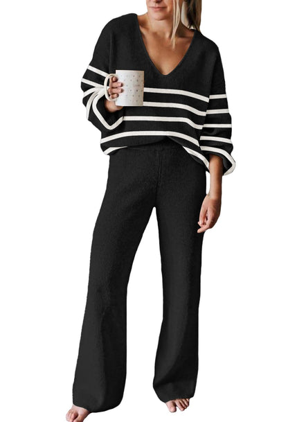 Viottiset Women's 2 Piece Outfits Casual V Neck Knit Wide Leg Sweater Lounge Set Sweatsuit
