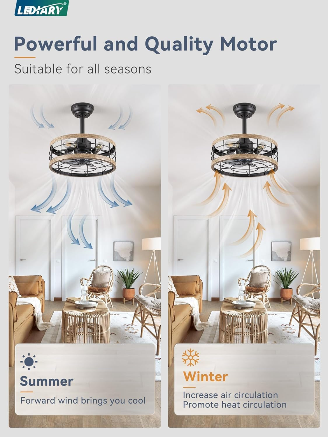 16.5In Caged Ceiling Fan with Light, Fandelier Industrial Ceiling Fan