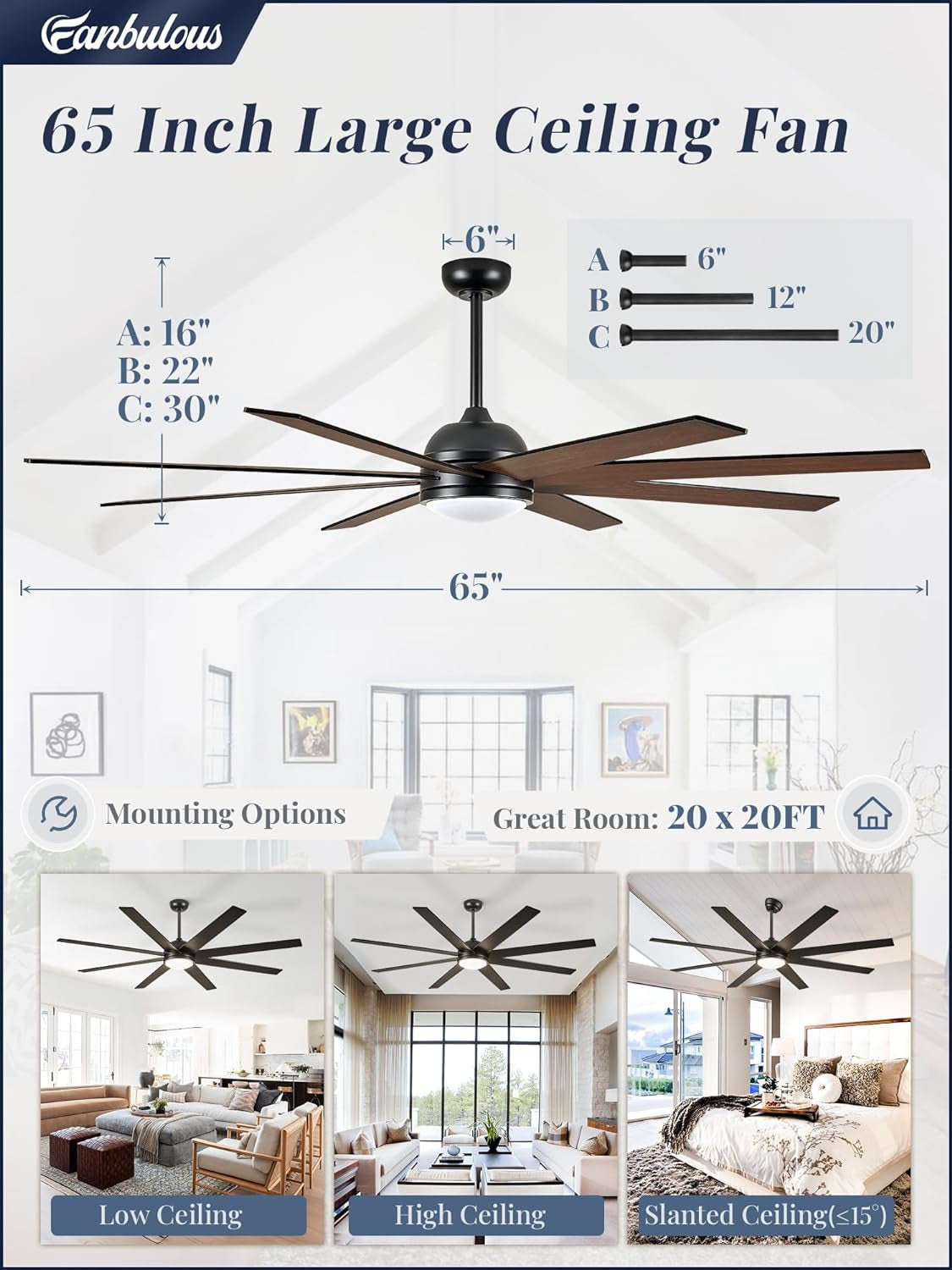 65 Inch Ceiling Fans with Lights and Remote, Black Indoor/Outdoor