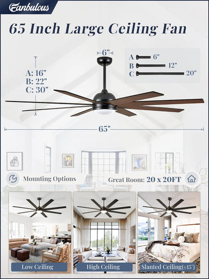 65 Inch Ceiling Fans with Lights and Remote, Black Indoor/Outdoor