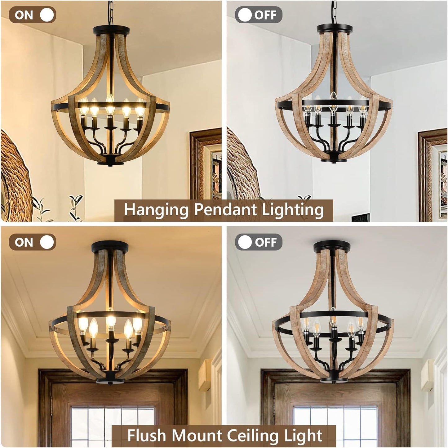Solid Wood Modern Chandelier For Dining Room, Living Room, Kitchen, Island, Bedroom, Foyer, Height Adjustable, Brown
