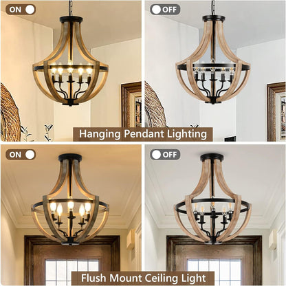 Solid Wood Modern Chandelier For Dining Room, Living Room, Kitchen, Island, Bedroom, Foyer, Height Adjustable, Brown